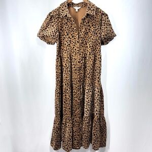 Boho Leopard Cheetah Animal Print Tiered Corduroy Dress Puff Sleeves Small
